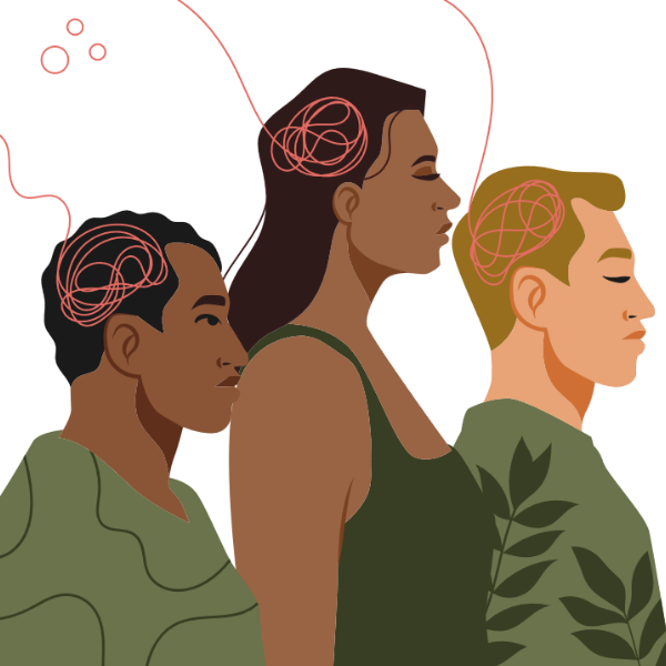 Três adultos pensando